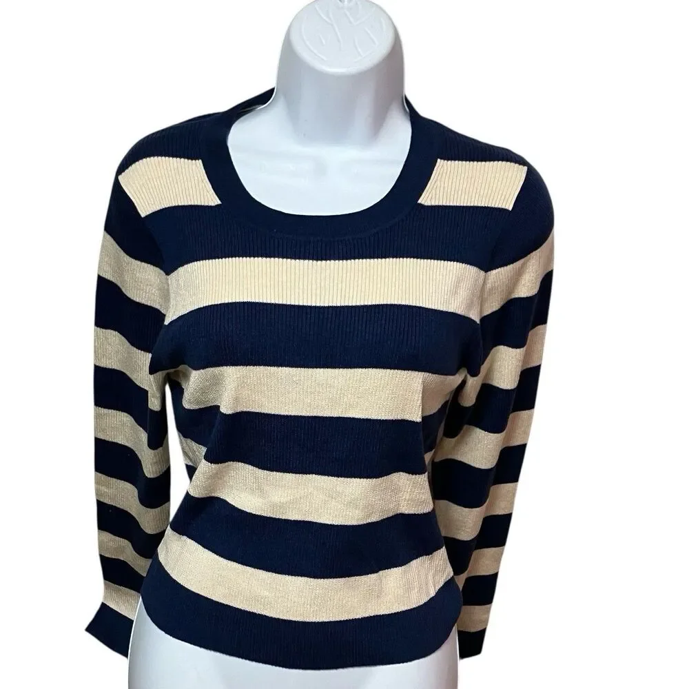 J Crew Navy‎ Cream Striped Ribbed Crewneck Nautical Coastal Sweater